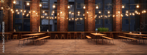3D rendering of an empty restaurant or cafe with brick walls, wooden tables and chairs, and string lights. photo