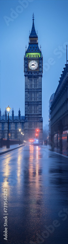 Cityscape of London, England featuring Big Ben at night in the rain with blue and red lights reflecting off the wet pavement.