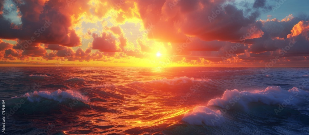Breathtaking ocean sunset with massive rolling wave crashing on the shore