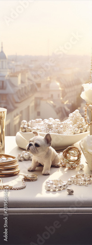 Still life of a French bulldog figurine and jewelry with a Paris cityscape in the background.