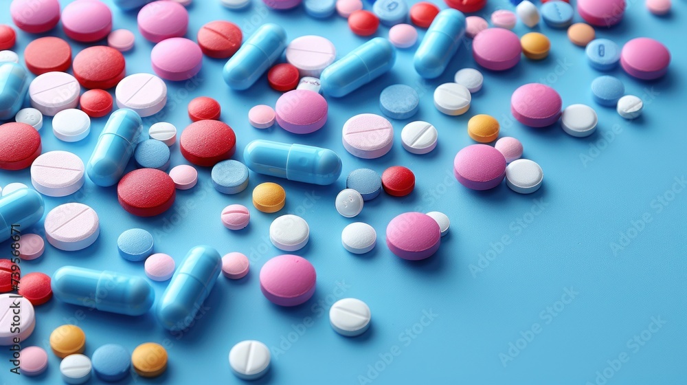 Pile of Pills on Blue Surface
