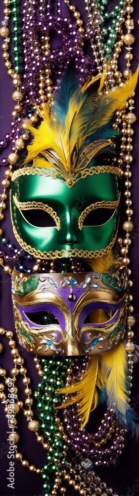 Green and Purple Mardi Gras Masks with Golden Beads and Feathers - A Festive Celebration of Carnival
Green and Purple Mardi Gras Masks with Golden Beads and Feathers - A Festive Celebration of Carnival