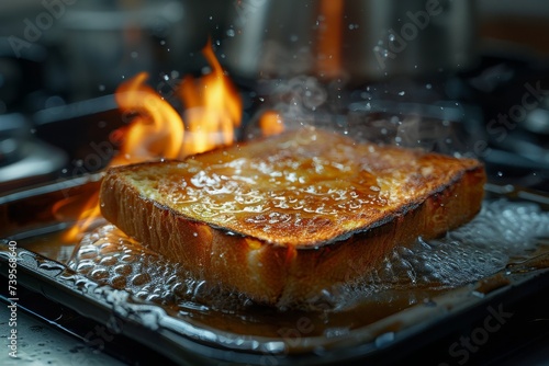 Sizzling in the indoor kitchen, a golden piece of toast is pan-fried to perfection, ready to be devoured as a delicious addition to any cuisine photo