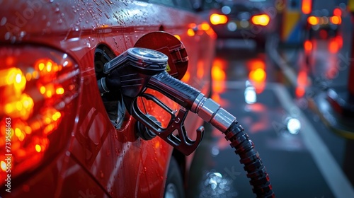 Red Car Refueling at Gas Station