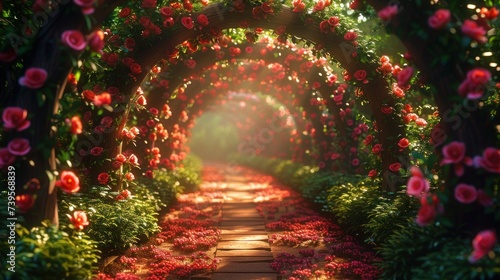 Pathway Lined With Pink Flowers in Garden