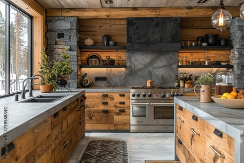 A rustic and inviting kitchen featuring a blend of natural elements, such as wood cabinets and stone walls, with modern touches like a sleek countertop and state-of-the-art appliances
