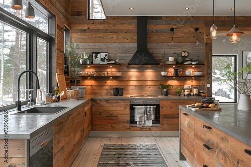 Cozy cabin vibes emanate from the wooden walls as a modern kitchen stove and sleek cabinetry blend seamlessly with the countertop and sink photo