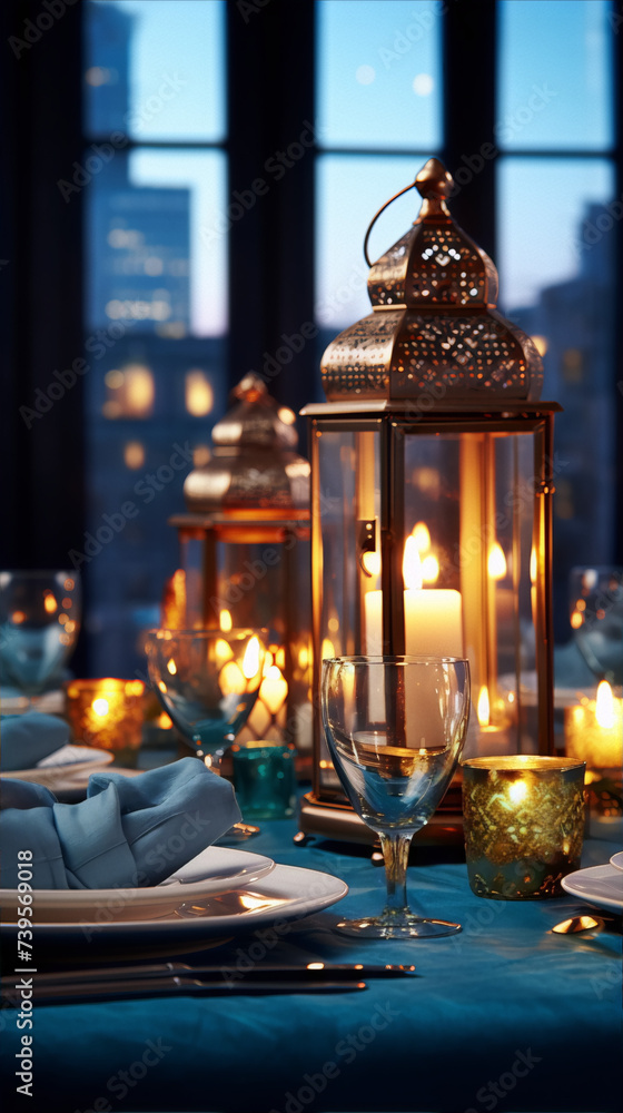 A beautifully set table with a lantern and candles in the middle in warm colors against a backdrop of a modern city at night. A beautifully set table with a lantern and candles in the middle in warm colors against a backdrop of a modern city at night.