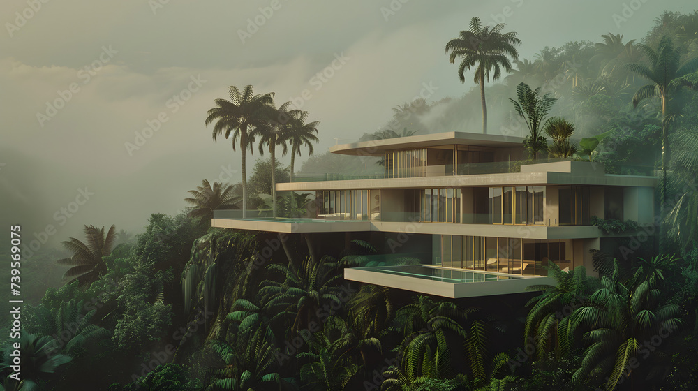 Fototapeta premium modern house at the jungle. Generative AI