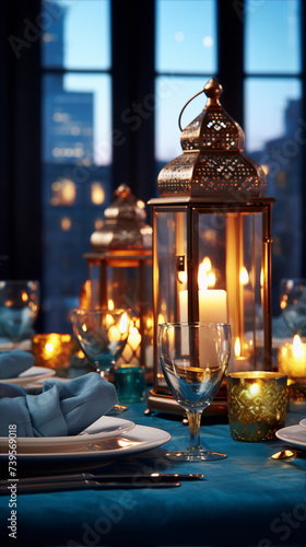 A beautifully set table with a lantern and candles in the middle in warm colors against a backdrop of a modern city at night.