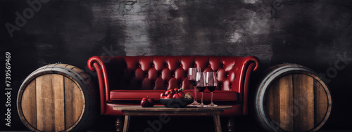 Red leather sofa in a dark room with wine and fruit on a table in front of it.