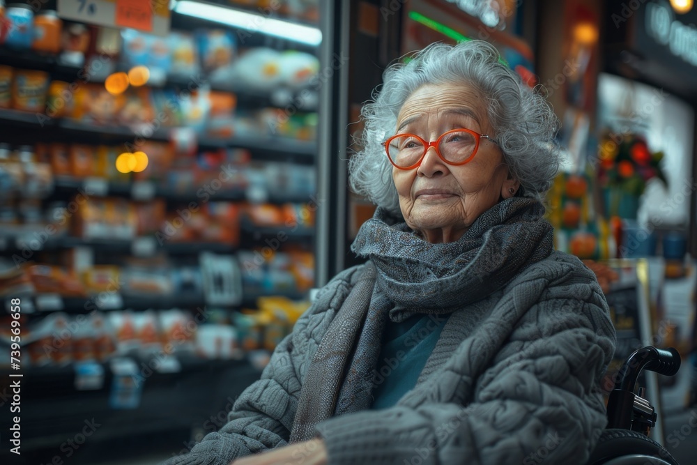 An elderly woman with glasses stands outside a bustling store, her weathered face and worn clothing hinting at a lifetime of memories within the city walls