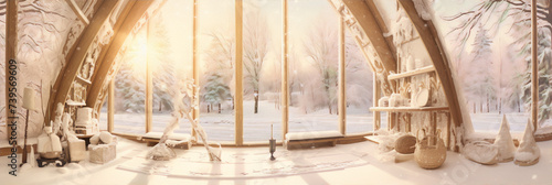A wooden house interior with a large window looking out onto a snowy forest. photo