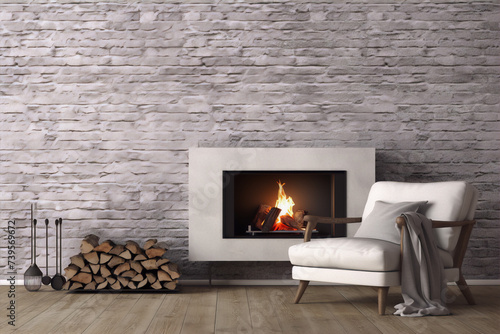 Modern interior design with white armchair by the fireplace, brick wall background, and firewood
