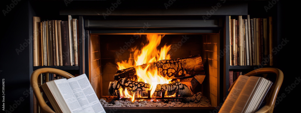 Two chairs in front of a fireplace with a blazing fire between them and bookshelves on both sides Two chairs in front of a fireplace with a blazing fire between them and bookshelves on both sides
