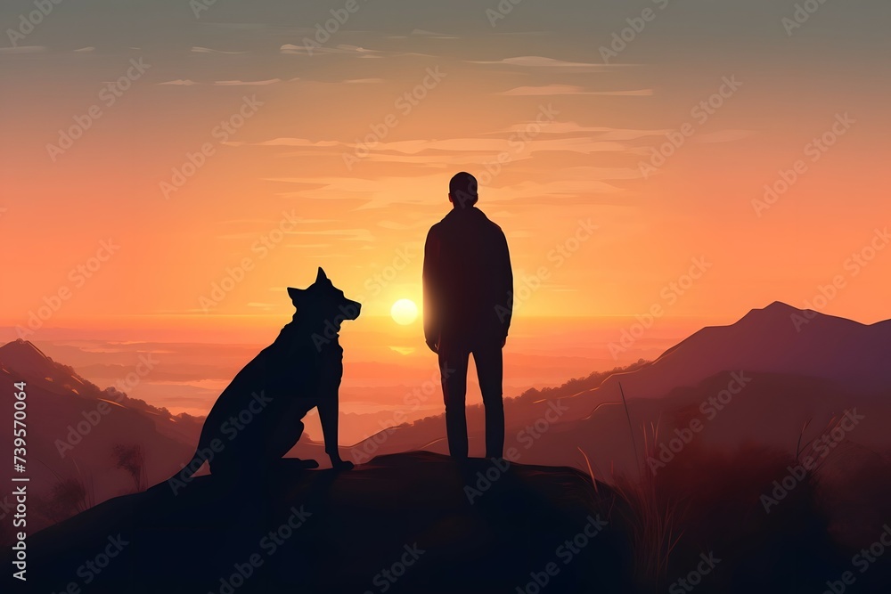 back view of Young man with his dog at the sunrise. Generative AI