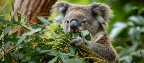 Adorable koala bear munching on eucalyptus leaves in a lush green forest habitat