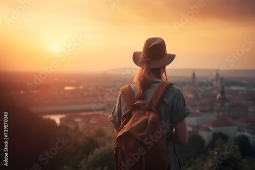 Young female tourist enjoys the view of the city at sunset back view Lifestyle, travel, tourism, nature, active life. Generative AI