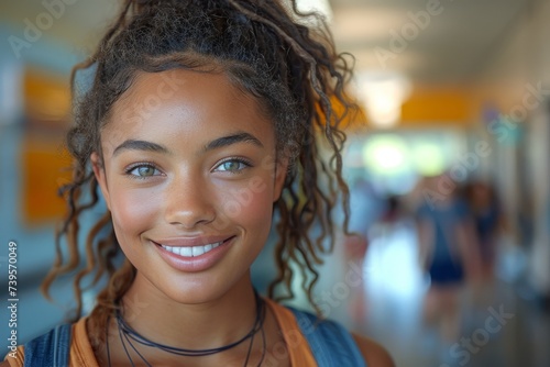 A young woman with a radiant smile and captivating brown dreadlocks gazes confidently at the camera, her expressive eyebrows and luscious lips adding to the charm of her portrait