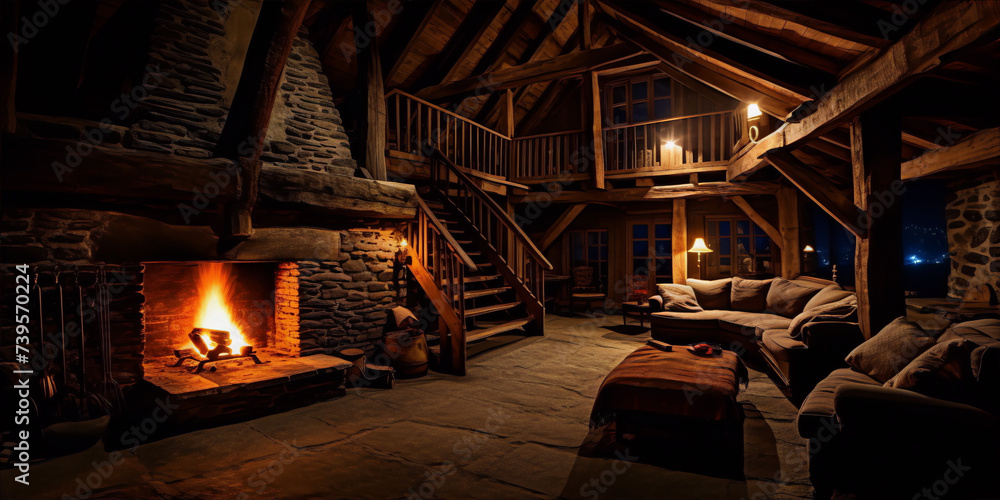 A cozy living room with a fireplace, sofa, and chairs in a rustic wooden cabin at night.