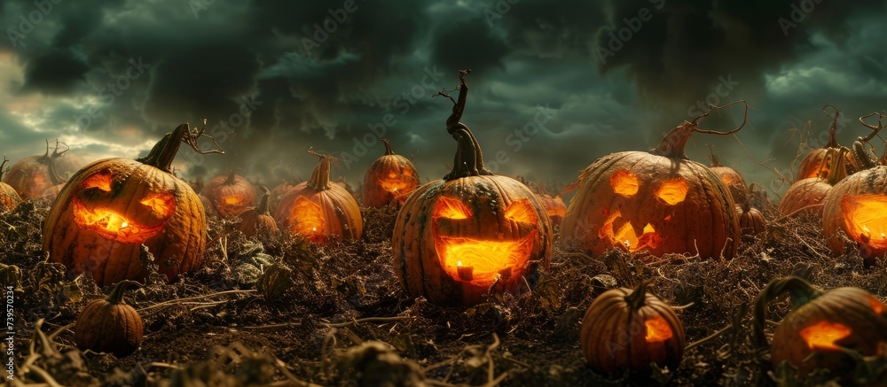 Fototapeta premium Glowing field of ripe pumpkins under a stormy dark sky at dusk