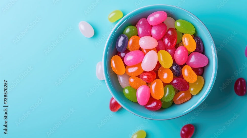 Colorful jelly beans in a blue bowl on a blue surface