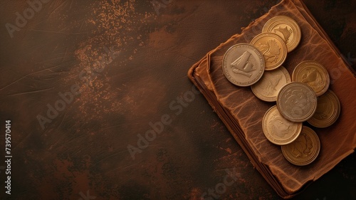 Coins on an old book against a dark backdrop