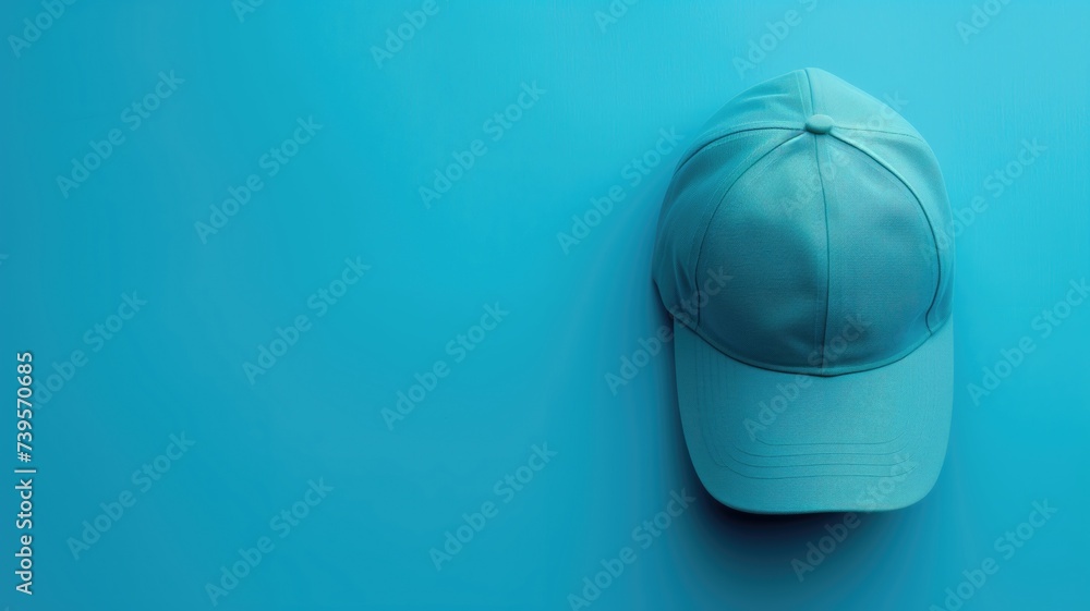 A plain blue baseball cap on a blue background