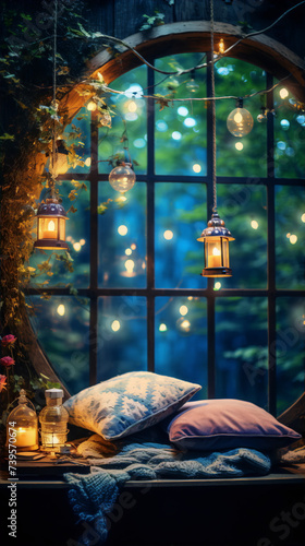 A cozy window seat with a view of the night forest  decorated with pillows  candles and fairy lights.