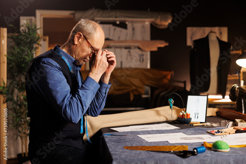 Tired dressmaker taking break after working hard on sartorial outfits for upcoming fashion design runway show project. Senior couturier catching breath after handdrawing many outfit sketches