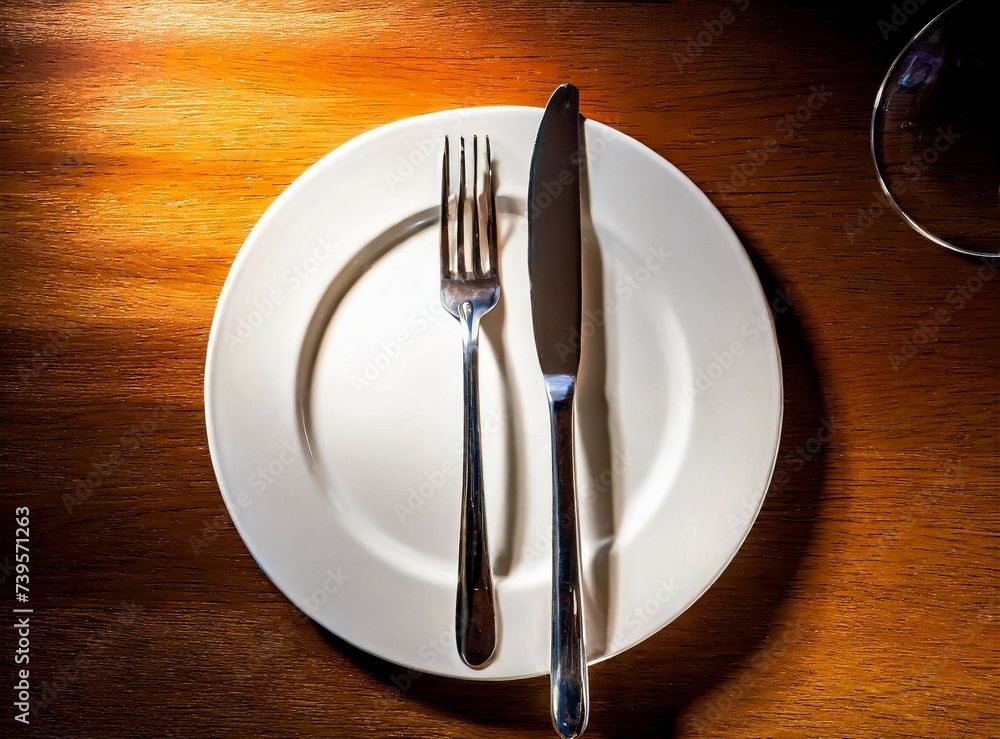 White plate with fork and knife isolated on wooden table, top view. Restaurant scenery. White plate with fork and knife isolated on wooden table, top view. Restaurant scenery.