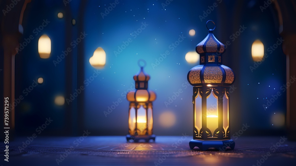 Lantern on the table. Ramadan Kareem concept. 3D Rendering