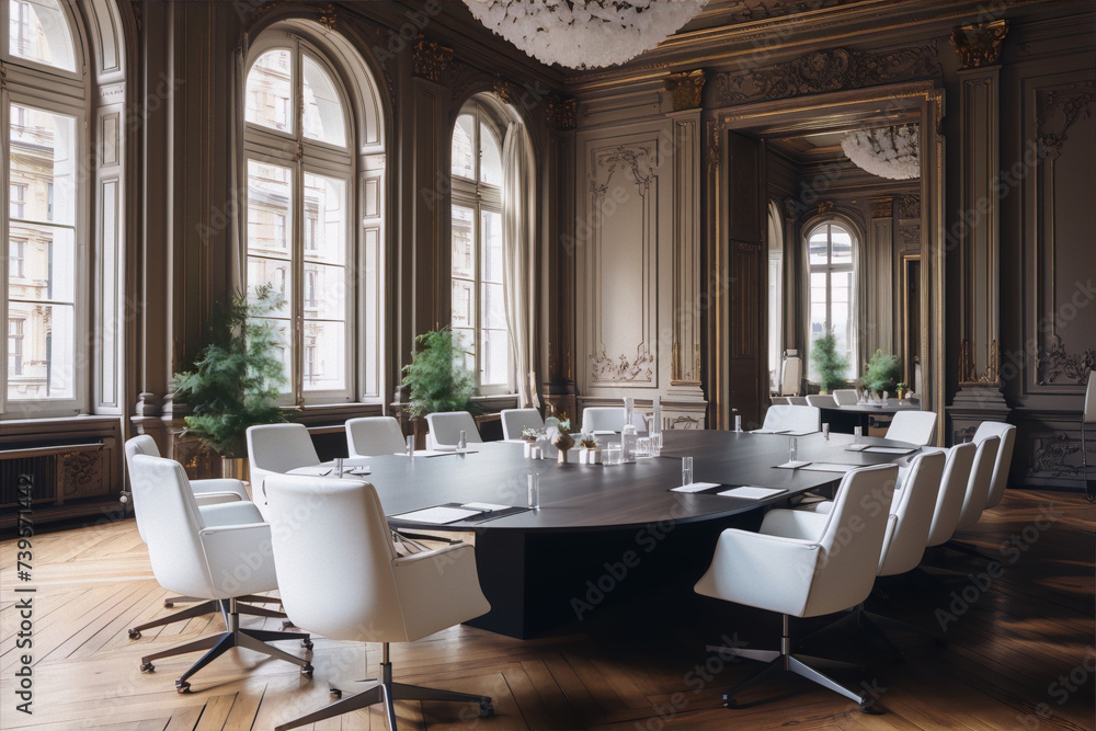 Luxury boardroom interior with a long conference table and white chairs, windows, and classic chandeliers