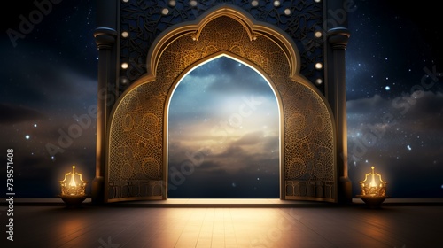 Eid Al Adha background with mosque door. 3D rendering