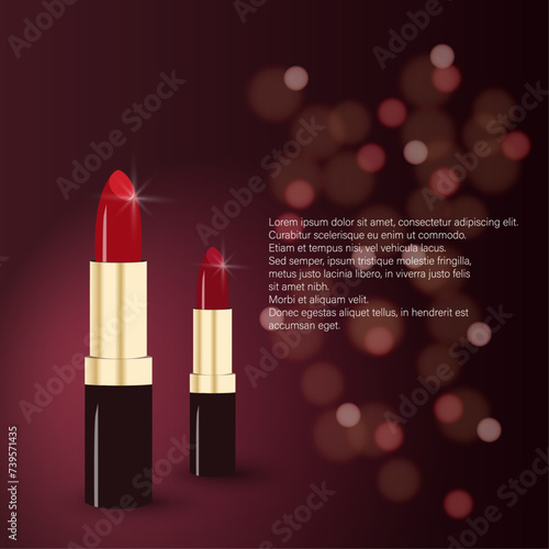 Luxury presentation of makeup realistic glossy lipstick red assortment set with shiny background