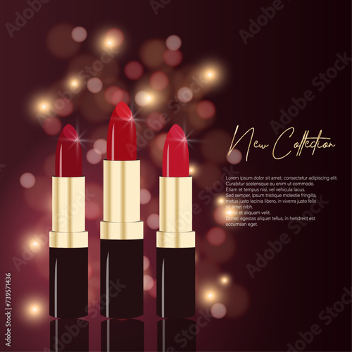 Luxury presentation of makeup realistic glossy lipstick red assortment set with shiny background