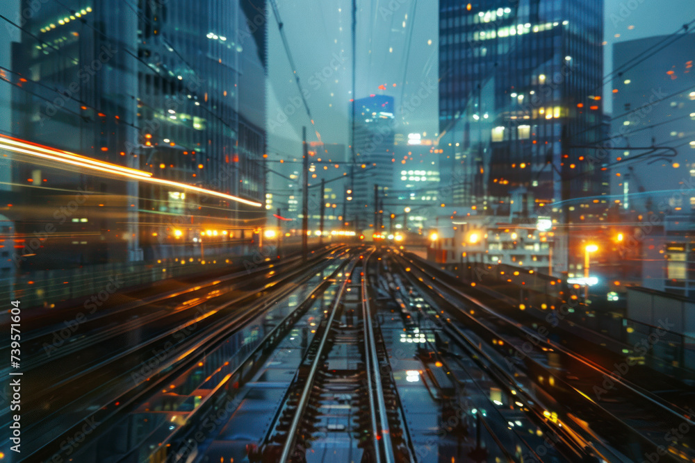 Double exposure train track with blurred light city office building, night view.