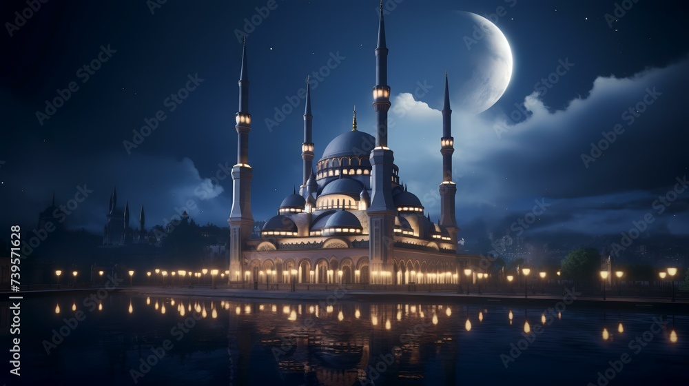 Night view of the Blue Mosque in Istanbul, Turkey. 3D rendering
