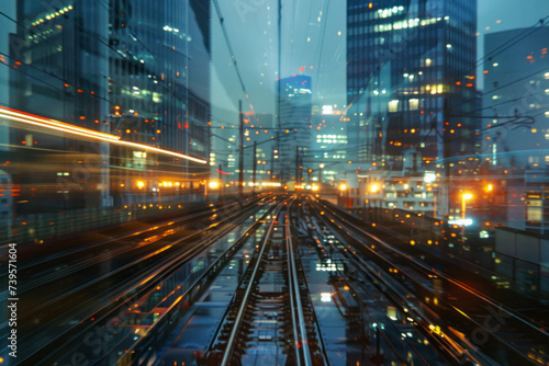 Double exposure train track with blurred light city office building  night view.