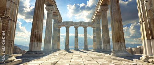 Ancient Greek or Roman temple, panorama of columns on blue sky background, scenery of old building on mountain top. Concept of history, Greece, antique, travel and culture