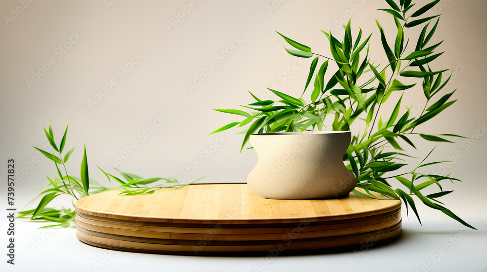 Wooden podium for product presentation in sunlight and shadows on the beige wall. Minimalistic abstract gentle light blur background. Wooden podium for product presentation in sunlight and shadows on the beige wall. Minimalistic abstract gentle light blur background.