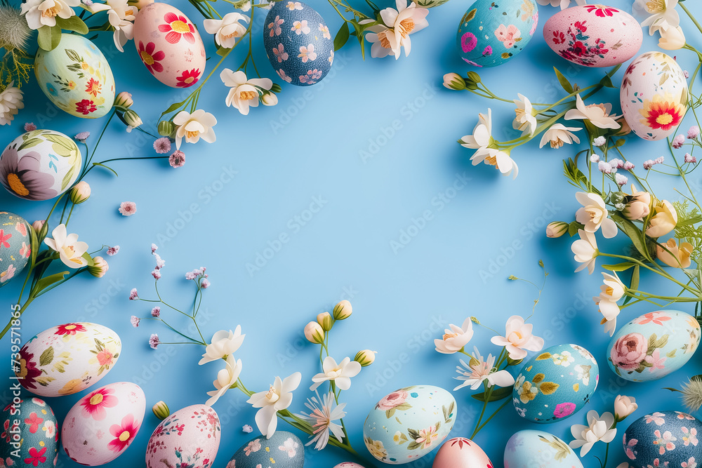 flat lay composition from Easter eggs with flower pattern, spring flowers on soft blue background.