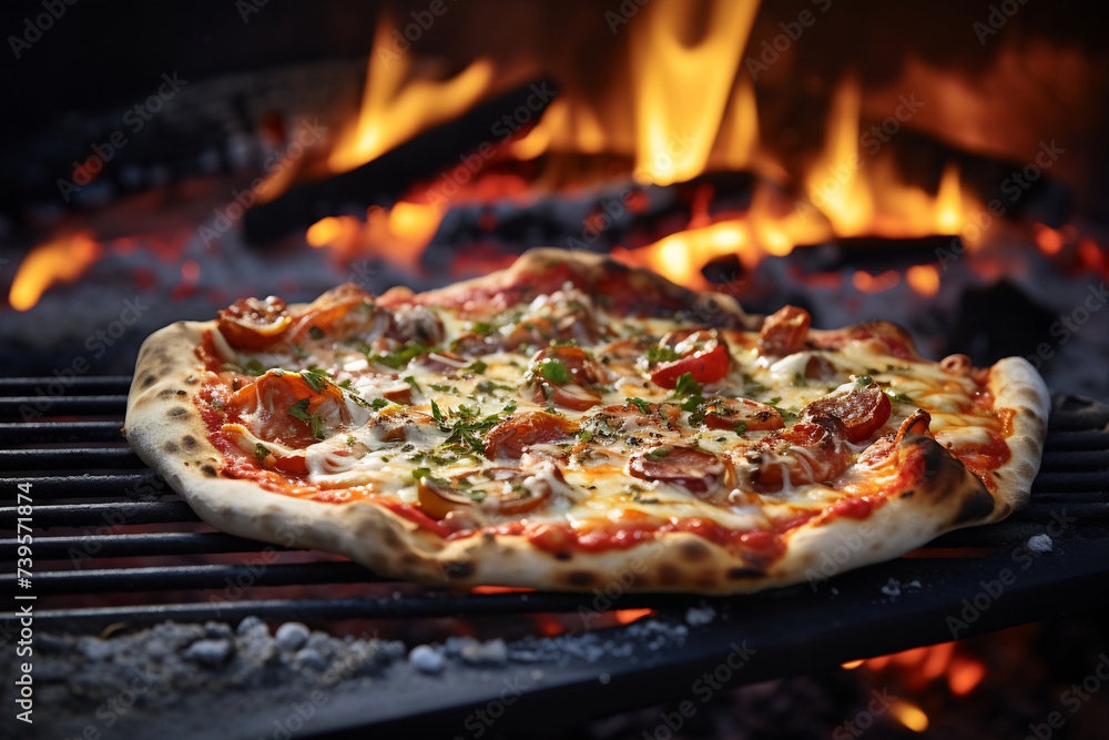 Homemade Pizza Grilling Over Open Flame Homemade Pizza Grilling Over Open Flame