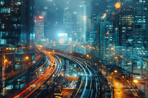 Double exposure train track with blurred light city office building  night view.