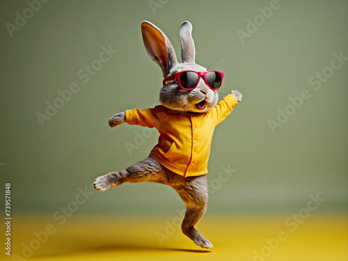 Fototapeta Naklejka Na Ścianę i Meble -   funny rabbit dancing with sunglasses with red. yellow background generative AI