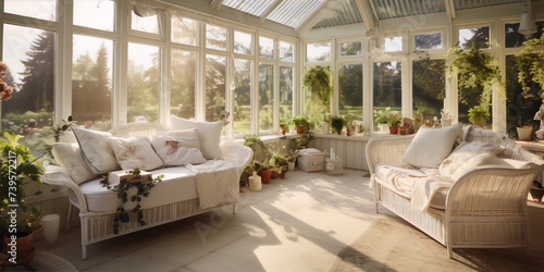 Bright and airy sunroom with white wicker furniture and lots of plants in pots photo