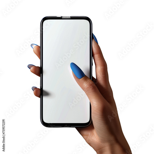 Hand with Blue Nail Polish Holding Cell Phone.