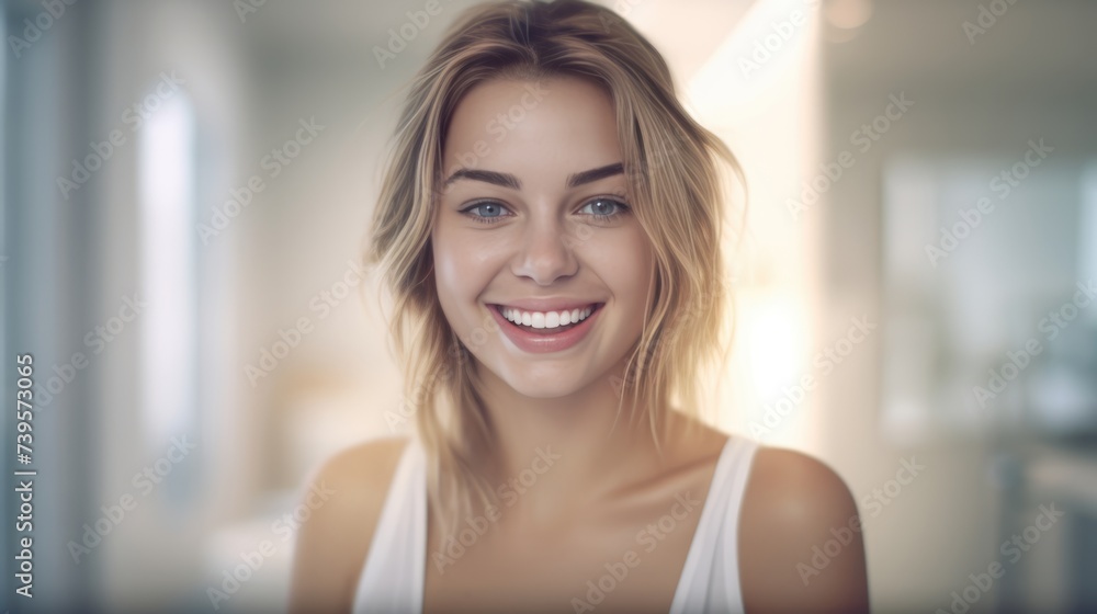 Portrait of beautiful blonde young woman with shaggy hairstyle smiling cheerfully, showing her white teeth to camera while feeling happy blurred bathroom background