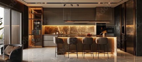 Modern kitchen interior design with a stylish bar and inviting dining area for family meals © TheWaterMeloonProjec