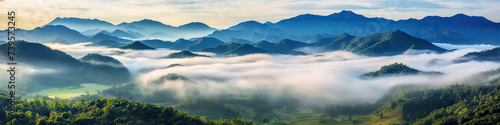 Mountains panorama with coluds and fog. banner